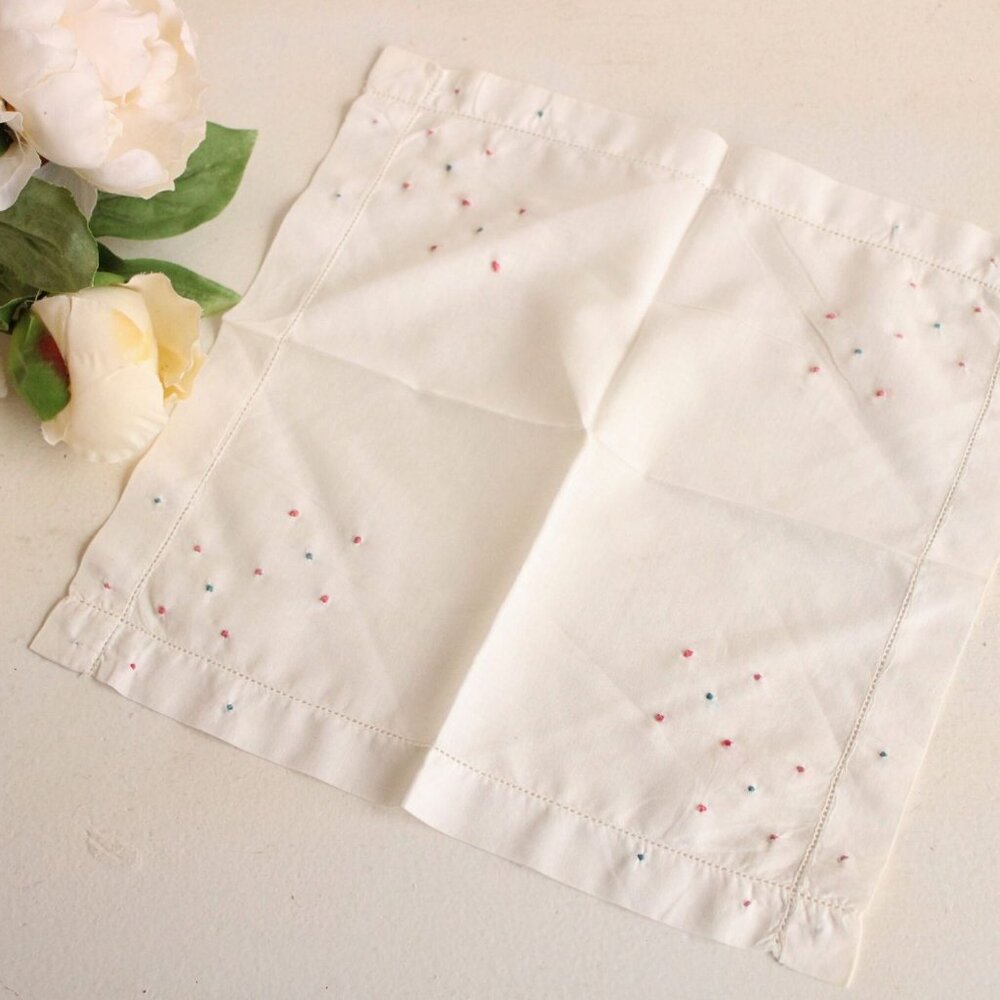 Vintage Handkerchief, White Linen with Pink and Blue Swiss Dots Embroidered